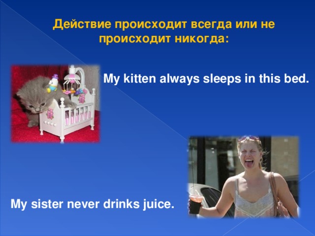 Действие происходит всегда или не происходит никогда: My kitten always sleeps in this bed. My sister never drinks juice.