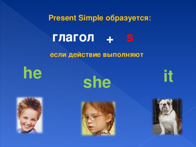 Present Simple образуется: глагол s + если действие выполняют he it she