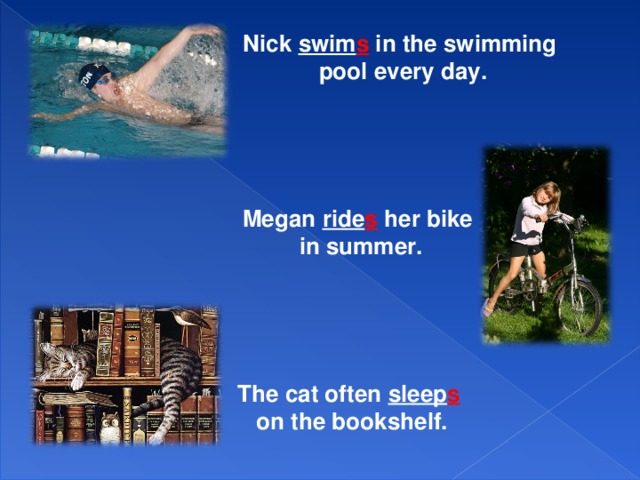 Nick swim s in the swimming pool every day. Megan ride s her bike  in summer. The cat often sleep s  on the bookshelf.