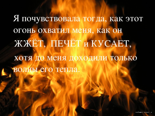 Я почувствовала тогда, как этот огонь охватил меня, как он  ЖЖЁТ, ПЕЧЁТ и КУСАЕТ,  хотя до меня доходили только волны его тепла.