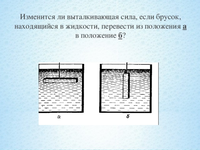 Изменится ли выталкивающая сила, если брусок, находящийся в жидкости, перевести из положения  а  в положение б ?