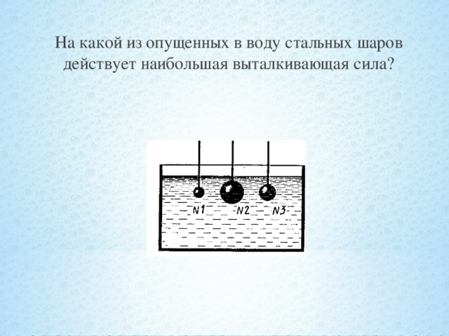 На какой из опущенных в воду стальных шаров действует наибольшая выталкивающая сила?