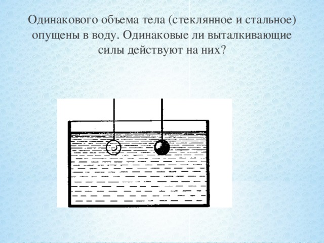 Одинакового объема тела (стеклянное и стальное) опущены в воду. Одинаковые ли выталкивающие силы действуют на них?