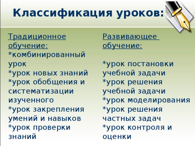 Классификация уроков: Традиционное обучение: *комбинированный урок *урок новых знаний *урок обобщения и систематизации изученного *урок закрепления умений и навыков *урок проверки знаний Развивающее обучение:  *урок постановки учебной задачи *урок решения учебной задачи *урок моделирования *урок решения частных задач *урок контроля и оценки