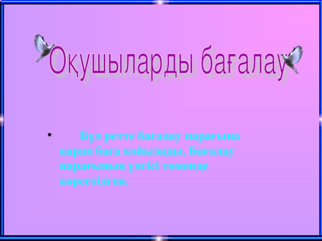 Бұл ретте бағалау парағына қарап баға қойылады. Бағалау парағының үлгісі төменде көрсетілген.