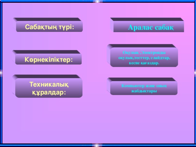 Сабақтың түрі:  Аралас сабақ О қулық , Электронды оқулық,тесттер, слайдтар, кеспе қағаздар. Көрнекіліктер: Техникалық құралдар: Компьютер және оның жабдықтары