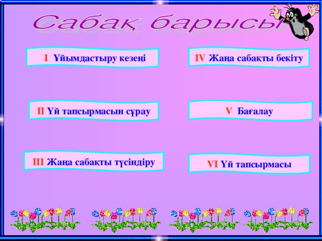 І   Ұйымдастыру кезеңі IV  Жаңа сабақты бекіту ІІ Үй тапсырмасын сұрау V  Бағалау ІІІ Жаңа сабақты түсіндіру VI  Үй тапсырмасы