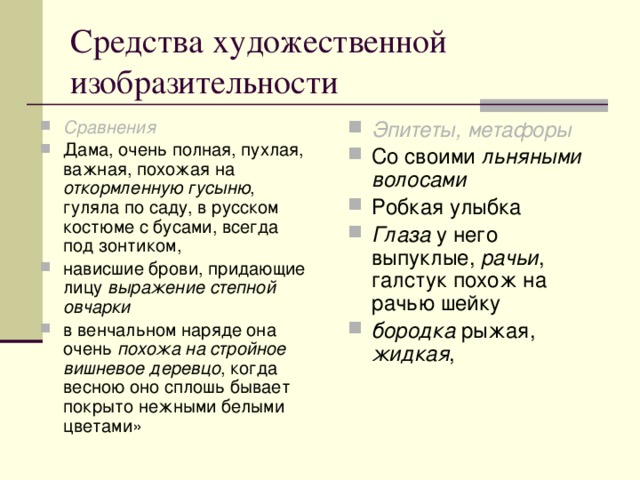 Средства художественной изобразительности Сравнения Дама, очень полная, пухлая, важная, похожая на откормленную гусыню , гуляла по саду, в русском костюме с бусами, всегда под зонтиком, нависшие брови, придающие лицу выражение степной овчарки в венчальном наряде она очень похожа на стройное вишневое деревцо , когда весною оно сплошь бывает покрыто нежными белыми цветами» Эпитеты, метафоры Со своими льняными волосами  Робкая улыбка Глаза у него выпуклые, рачьи , галстук похож на рачью шейку бородка рыжая, жидкая ,