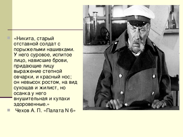 «Никита, старый отставной солдат с порыжелыми нашивками. У него суровое, испитое лицо, нависшие брови, придающие лицу выражение степной овчарки, и красный нос; он невысок ростом, на вид сухощав и жилист, но осанка у него внушительная и кулаки здоровенные.»  Чехов А. П. «Палата N 6»