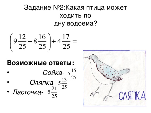 Задание №2 : Какая птица может ходить по  дну водоема? Возможные ответы: