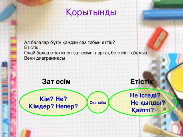 Қорытынды Ал балалар бүгін қандай сөз табын өттік? Етістік. Олай болса етістікпен зат есімнің ортақ белгісін табамыз Венн диаграммасы  Зат есім Етістік Кім? Не?  Не істеді? Кімдер? Нелер?  Не қылды? Қайтті? Сөз табы