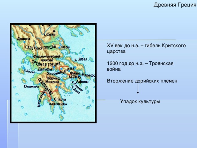 Древняя Греция XV век до н.э. – гибель Критского  царства 1200 год до н.э. – Троянская война Вторжение дорийских племен Упадок культуры