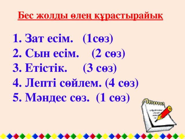 Бес жолды өлең құрастырайық 1. Зат есім. (1сөз) 2. Сын есім. (2 сөз) 3. Етістік. (3 сөз) 4. Лепті сөйлем. (4 сөз) 5. Мәндес сөз. (1 сөз)