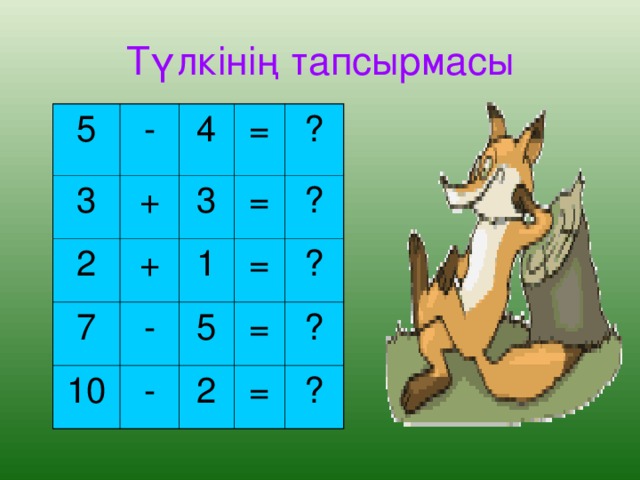 Түлкінің тапсырмасы 5 - 3 4 + 2 = + 3 7 10 - 1 ? = - = ? 5 ? = 2 = ? ?