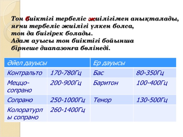 Тон б иіктігі тербеліс ж иілігімен анықталады, яғни тербеліс жиілігі үлкен болса, тон да биігірек болады. Адам ауысы тон биіктігі бойынша бірнеше диапазонға бөлінеді.