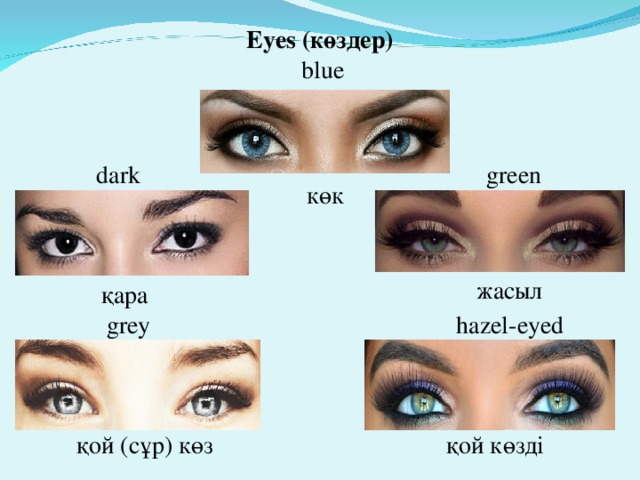 Eyes (көздер) blue green dark көк жасыл қара hazel-eyed grey қой (сұр) көз қой көзді
