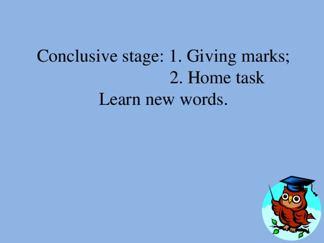 Conclusive stage: 1. Giving marks;  2. Home task  Learn new words.
