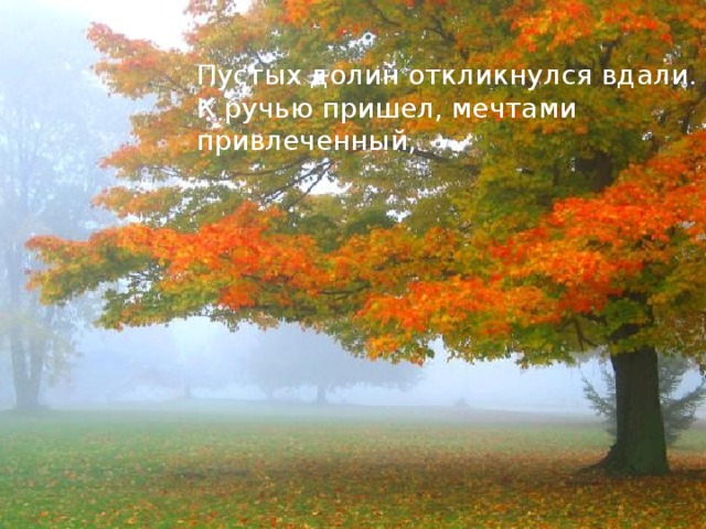 Пустых долин откликнулся вдали.  К ручью пришел, мечтами привлеченный, Пустых долин откликнулся вдали.  К ручью пришел, мечтами привлеченный,