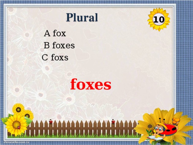 Plural 10 A fox  B foxes C foxs foxes
