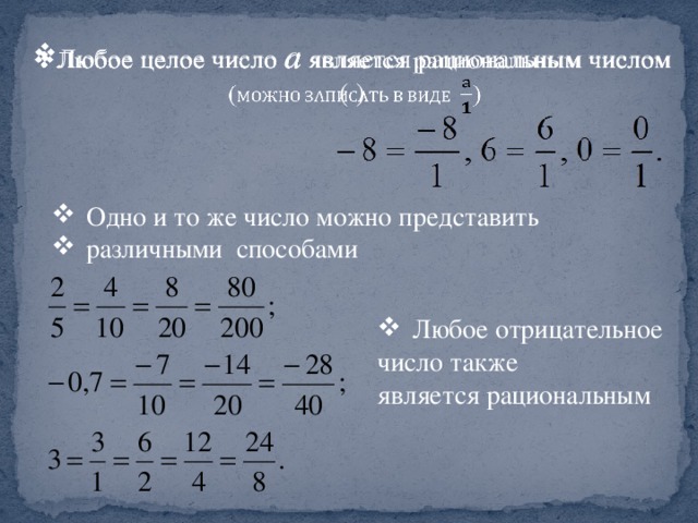 Любое целое число а  является рациональным числом   ( ) Одно и то же число можно представить различными способами Любое отрицательное