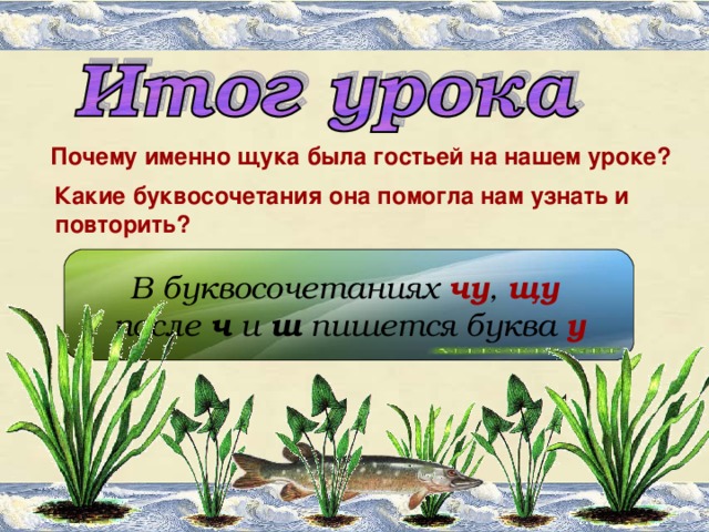 Почему именно щука была гостьей на нашем уроке?  Какие буквосочетания она помогла нам узнать и  повторить? В буквосочетаниях чу , щу  после ч и ш пишется буква у