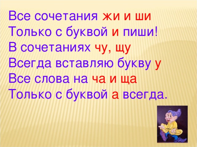 Все сочетания жи и ши Только с буквой и пиши! В сочетаниях чу, щу Всегда вставляю букву у Все слова на ча и ща Только с буквой а всегда.