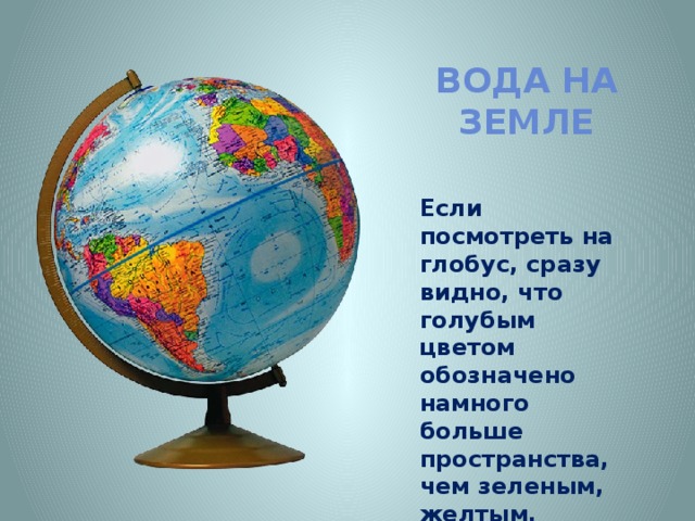 Вода на Земле Если посмотреть на глобус, сразу видно, что голубым цветом обозначено намного больше пространства, чем зеленым, желтым, коричневым и белым. http://img-fotki.yandex.ru/get/6420/18869520.21d/0_77a5c_bafbe90_XL