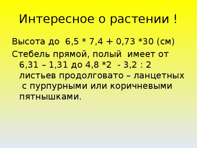 Интересное о растении ! Высота до 6,5 * 7,4 + 0,73 *30 (см) Стебель прямой, полый имеет от 6,31 – 1,31 до 4,8 *2 - 3,2 : 2 листьев продолговато – ланцетных с пурпурными или коричневыми пятнышками.