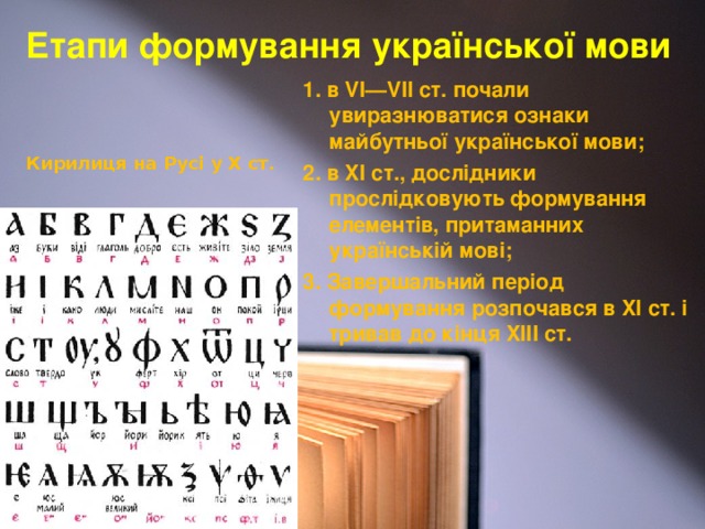 Етапи формування української мови 1. в VI—VII ст. почали увиразнюватися ознаки майбутньої української мови; 2. в XI ст., дослідники прослідковують формування елементів, притаманних українській мові; 3. Завершальний період формування розпочався в XI ст. і тривав до кінця XIII ст. Кирилиця на Русі у Х ст.