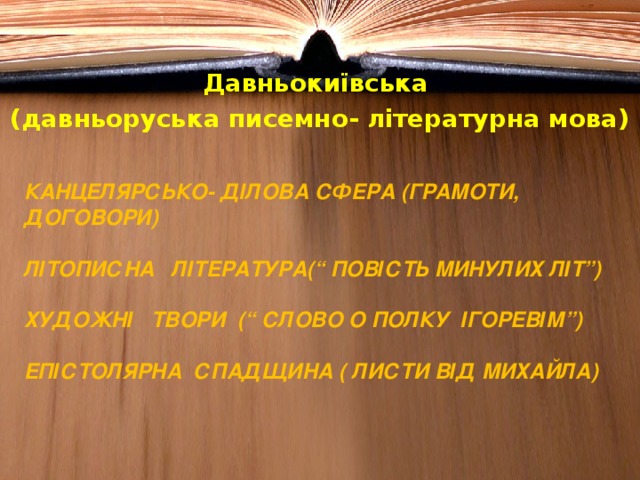 Давньокиївська (давньоруська писемно- літературна мова) КАНЦЕЛЯРСЬКО- ДІЛОВА СФЕРА (ГРАМОТИ, ДОГОВОРИ)   ЛІТОПИСНА ЛІТЕРАТУРА(“ ПОВІСТЬ МИНУЛИХ ЛІТ”)   ХУДОЖНІ ТВОРИ (“ СЛОВО О ПОЛКУ ІГОРЕВІМ”)   ЕПІСТОЛЯРНА СПАДЩИНА ( ЛИСТИ ВІД МИХАЙЛА)