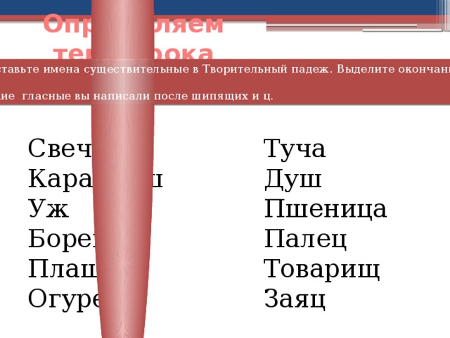 Определяем тему урока Поставьте имена существительные в Творительный падеж. Выделите окончание. Какие гласные вы написали после шипящих и ц. Свеча Туча Карандаш Душ Уж Пшеница Борец Палец Плащ Товарищ Огурец Заяц