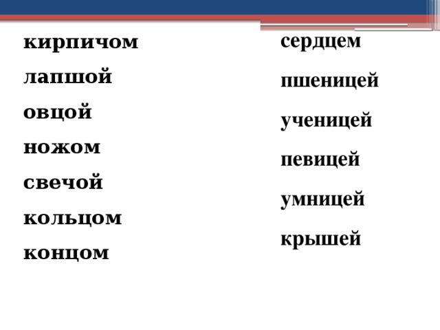 сердцем  пшеницей  ученицей  певицей  умницей  крышей   кирпичом  лапшой  овцой  ножом  свечой  кольцом  концом