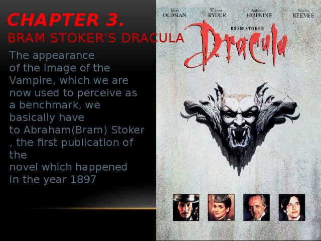 Chapter 3.   Bram Stoker's Dracula The appearance of the image of the Vampire, which we are now used to perceive as a benchmark, we basically have to Abraham(Bram) Stoker, the first publication of the novel which happened in the year 1897 Брэм стокер и его вампир
