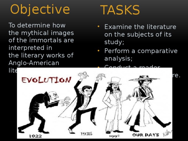 Objective Tasks To determine how the mythical images of the immortals are interpreted in the literary works of Anglo-American literature .