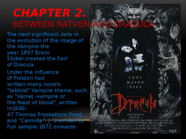 Chapter 2.   Between Ratven and Dracula The next significant date in the evolution of the image of the Vampire-the year 1897 Bram Stoker created the Earl of Dracula Under the influence of Polidori had written many novels 
