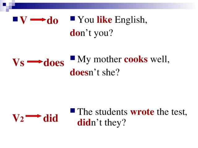 V do  You like English,  Vs does do n’t you?   My mother cooks well,  V 2 did does n’t she? The students wrote the test, did n’t they?
