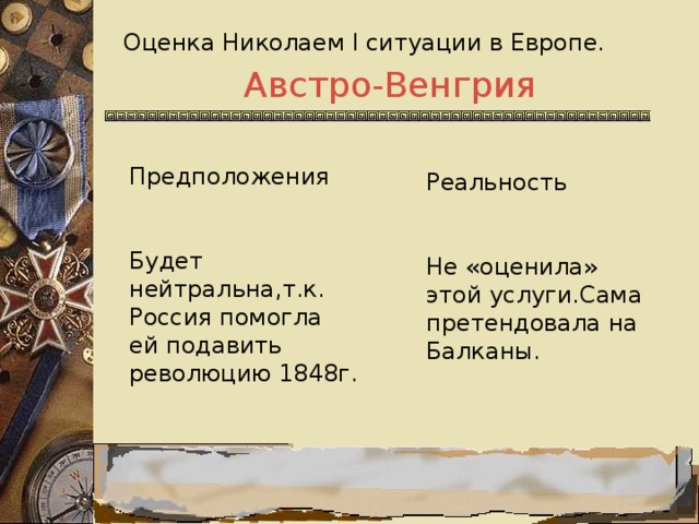 Оценка Николаем l ситуации в Европе. Австро-Венгрия Предположения Будет нейтральна,т.к. Россия помогла ей подавить революцию 1848г. Реальность Не «оценила» этой услуги.Сама претендовала на Балканы.