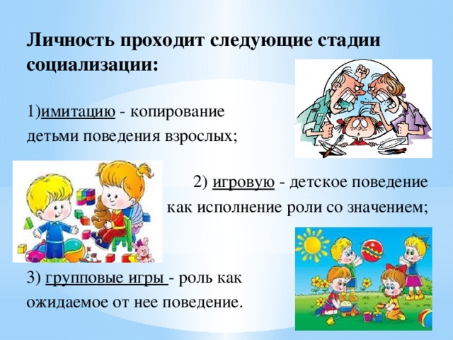 Личность проходит следующие стадии социализации:   1) имитацию - копирование детьми поведения взрослых;  2) игровую - детское поведение как исполнение роли со значением; 3) групповые игры - роль как ожидаемое от нее поведение.