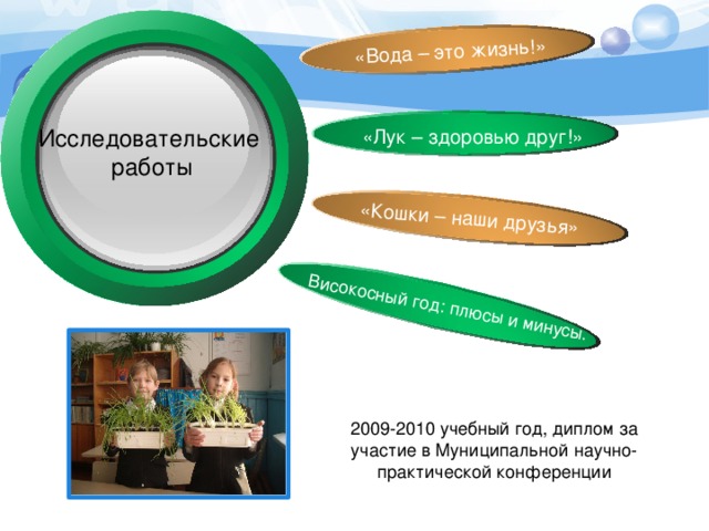 «Вода – это жизнь!» Високосный год: плюсы и минусы. «Кошки – наши друзья» Исследовательские работы «Лук – здоровью друг!» 2009-2010 учебный год, диплом за участие в Муниципальной научно-практической конференции