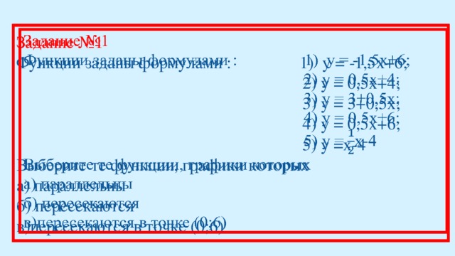   Задание №1 Функции заданы формулами : 1) у = -1,5х+6;  2) у = 0,5х+4;  3) у = 3+0,5х;  4) у = 0,5х+6;  5) у =х-4 Выберите те функции, графики которых а) параллельны б) пересекаются в)пересекаются в точке (0;6)