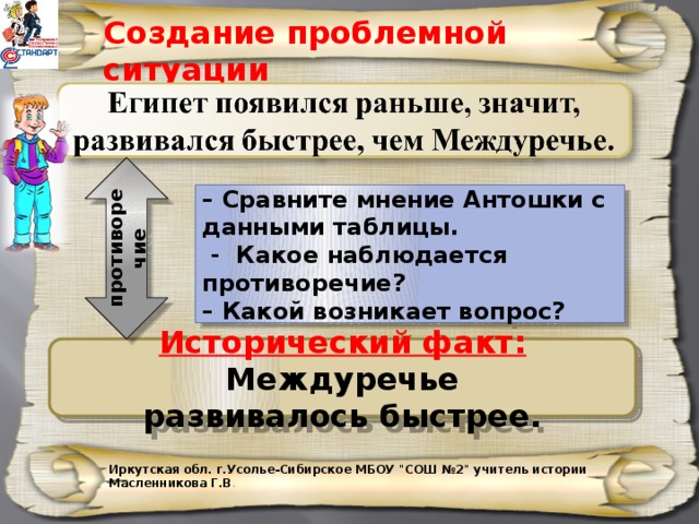 Создание проблемной ситуации противоречие – Сравните мнение Антошки с данными таблицы.  - Какое наблюдается противоречие? – Какой возникает вопрос? Исторический факт: Междуречье развивалось быстрее. Иркутская обл. г.Усолье-Сибирское МБОУ 