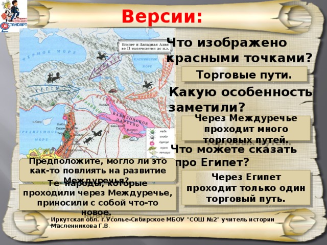 Версии: Что изображено красными точками? Торговые пути. Какую особенность заметили? Через Междуречье проходит много торговых путей. Что можете сказать  про Египет? Предположите, могло ли это как-то повлиять на развитие Междуречья? Через Египет проходит только один торговый путь. Те народы, которые проходили через Междуречье, приносили с собой что-то новое. Иркутская обл. г.Усолье-Сибирское МБОУ 