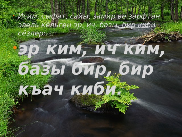 Исим, сыфат, сайы, замир ве зарфтан эвель кельген эр, ич, базы, бир киби сёзлер: эр ким, ич ким, базы бир, бир къач киби.