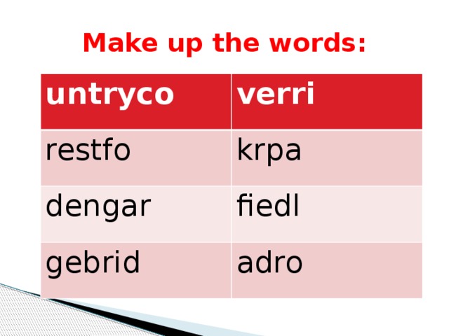Make up the words: untryco verri restfo krpa dengar fiedl gebrid adro