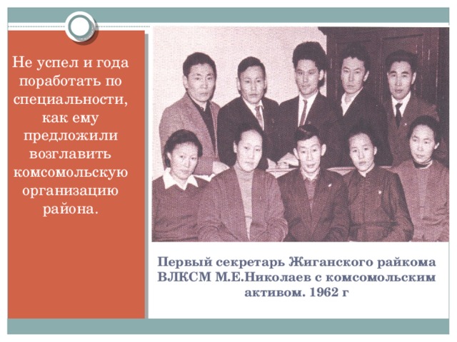 Вставка рисунка Не успел и года поработать по специальности, как ему предложили возглавить комсомольскую организацию района. Первый секретарь Жиганского райкома ВЛКСМ М.Е.Николаев с комсомольским активом. 1962 г