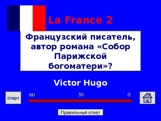 La France  2 Французский писатель, автор романа «Собор Парижской богоматери»? Victor Hugo 0 30 60 старт Правильный ответ