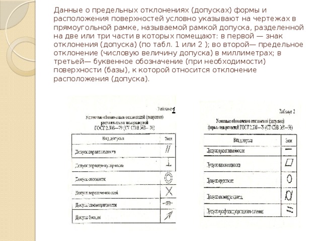 Данные о предельных отклонениях (допусках) формы и расположения поверхностей условно указывают на чертежах в прямоугольной рамке, называемой рамкой допуска, разделенной на две или три части в которых помещают: в первой — знак отклонения (допуска) (по табл. 1 или 2 ); во второй— предельное отклонение (числовую величину допуска) в миллиметрах; в третьей— буквенное обозначение (при необходимости) поверхности (базы), к которой относится отклонение расположения (допуска).