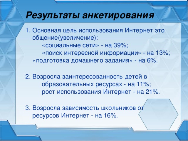 Результаты анкетирования 1. Основная цель использования Интернет это общение(увеличение):   «социальные сети» - на 39%;   «поиск интересной информации» - на 13%;  «подготовка домашнего задания» - на 6%.   2. Возросла заинтересованность детей в   образовательных ресурсах - на 11%;   рост использования Интернет - на 21%.   3. Возросла зависимость школьников от  ресурсов Интернет - на 16%.