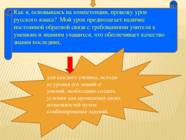 Как я, основываясь на компетенции, провожу урок русского языка? Мой урок предполагает наличие постоянной обратной связи с требованиями учителя к умениям и знаниям учащихся, что обеспечивает качество знания последних. для каждого ученика, исходя из уровня его знаний и умений, необходимо создать условия для проявления своих возможностей путем комбинирования заданий.