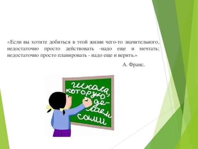 «Если вы хотите добиться в этой жизни чего-то значительного, недостаточно просто действовать -надо еще и мечтать; недостаточно просто планировать - надо еще и верить.»  А. Франс.